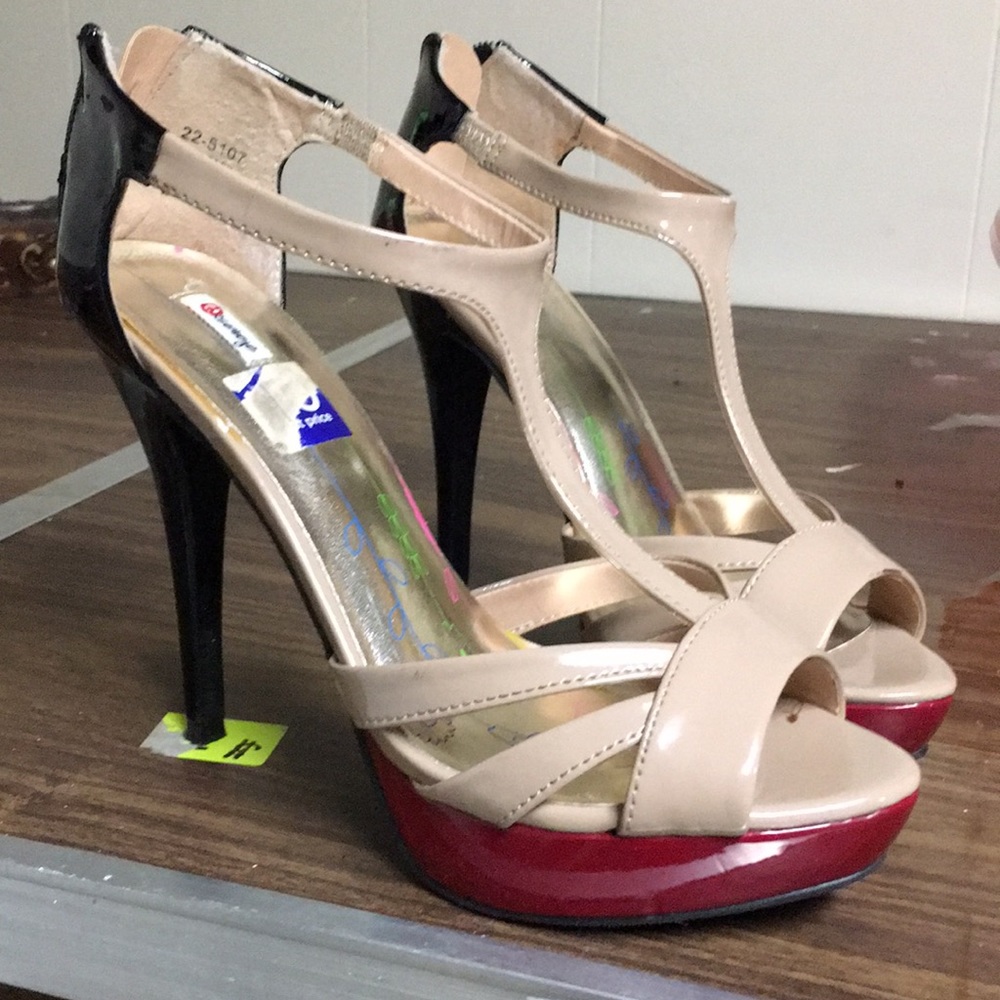 Black red and nude open toe heels